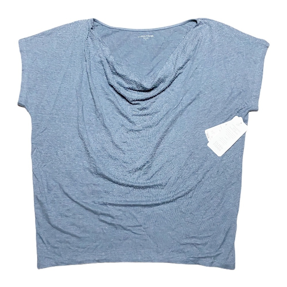 EILEEN FISHER gray drape neck glass beaded linen jersey tee S NEW